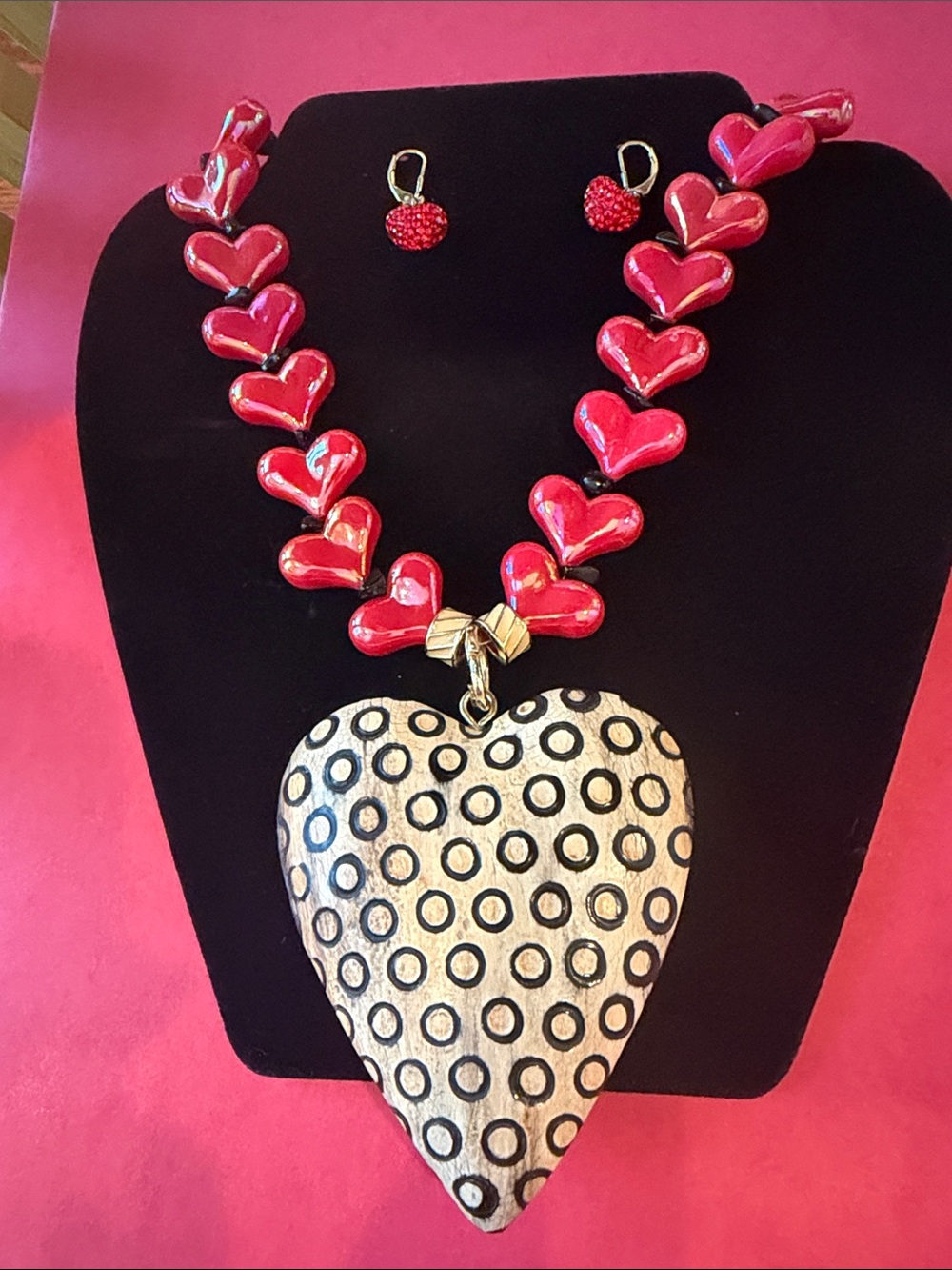 Red Heart Beaded Necklace with Large Patterned Heart Pendant